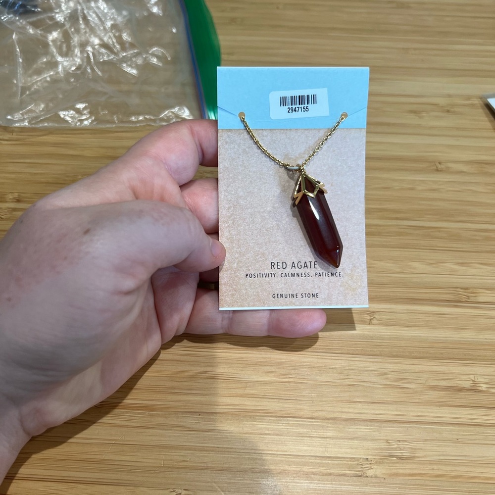 Red Agate Crystal Necklace – 34” Gold Chain